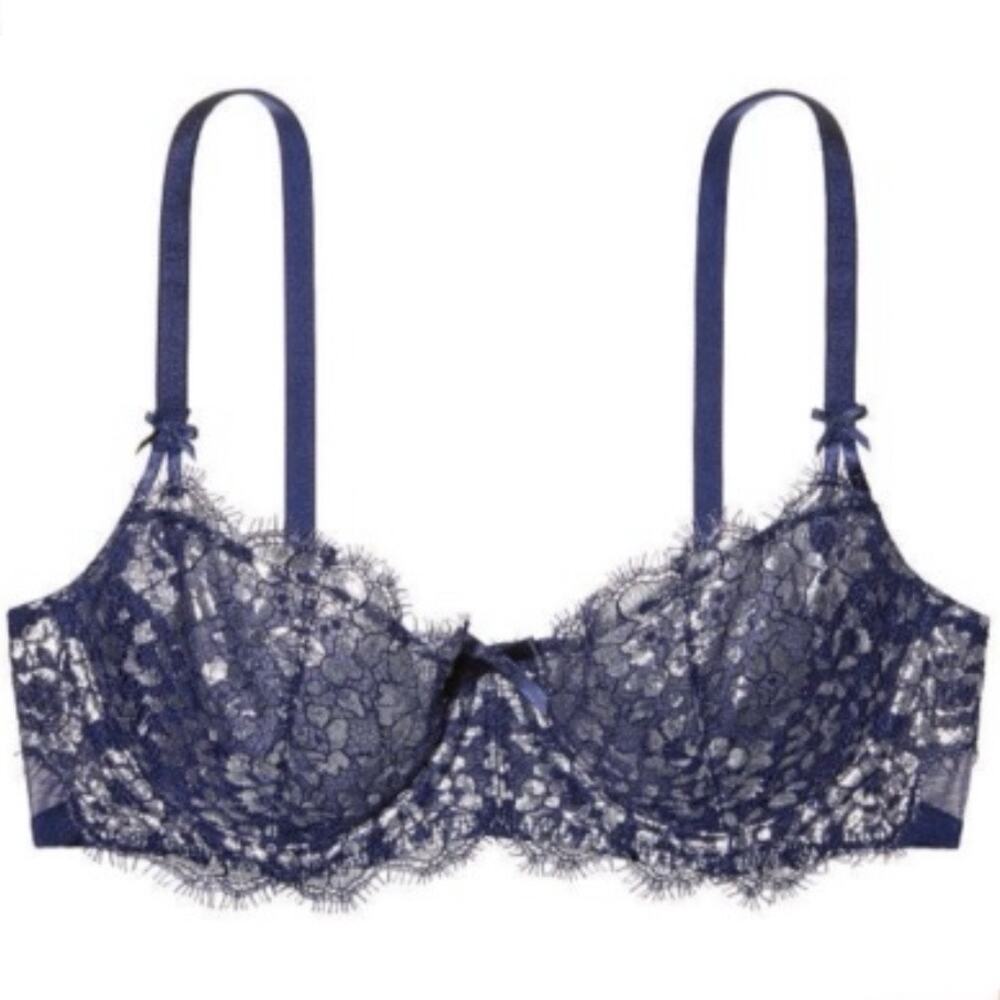 Victoria’s Secret Dream Angels Wicked Unlined Metallic Navy Lace Bra Size 34D